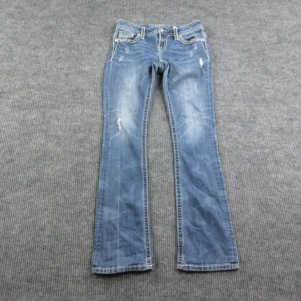 Miss Me Jeans Womens 27 Blue Slim Bootcut Rhinestone Distressed 29x32*